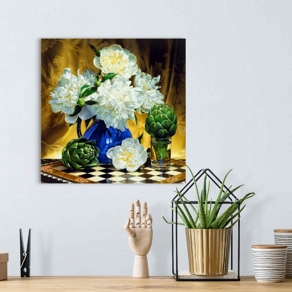 A bohemian room featuring Contemporary vivid realistic still-life painting of white flowers in a blue vase with artichoke h...