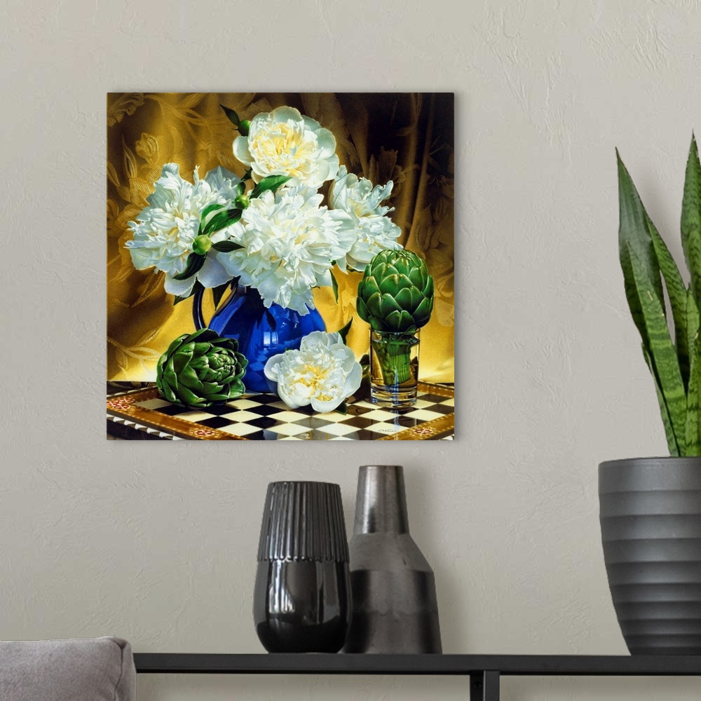A modern room featuring Contemporary vivid realistic still-life painting of white flowers in a blue vase with artichoke h...