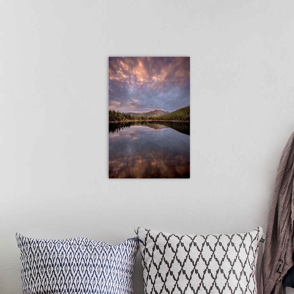 A bohemian room featuring Landscape photograph of trees and mountains reflecting onto a calm lake at sunset.