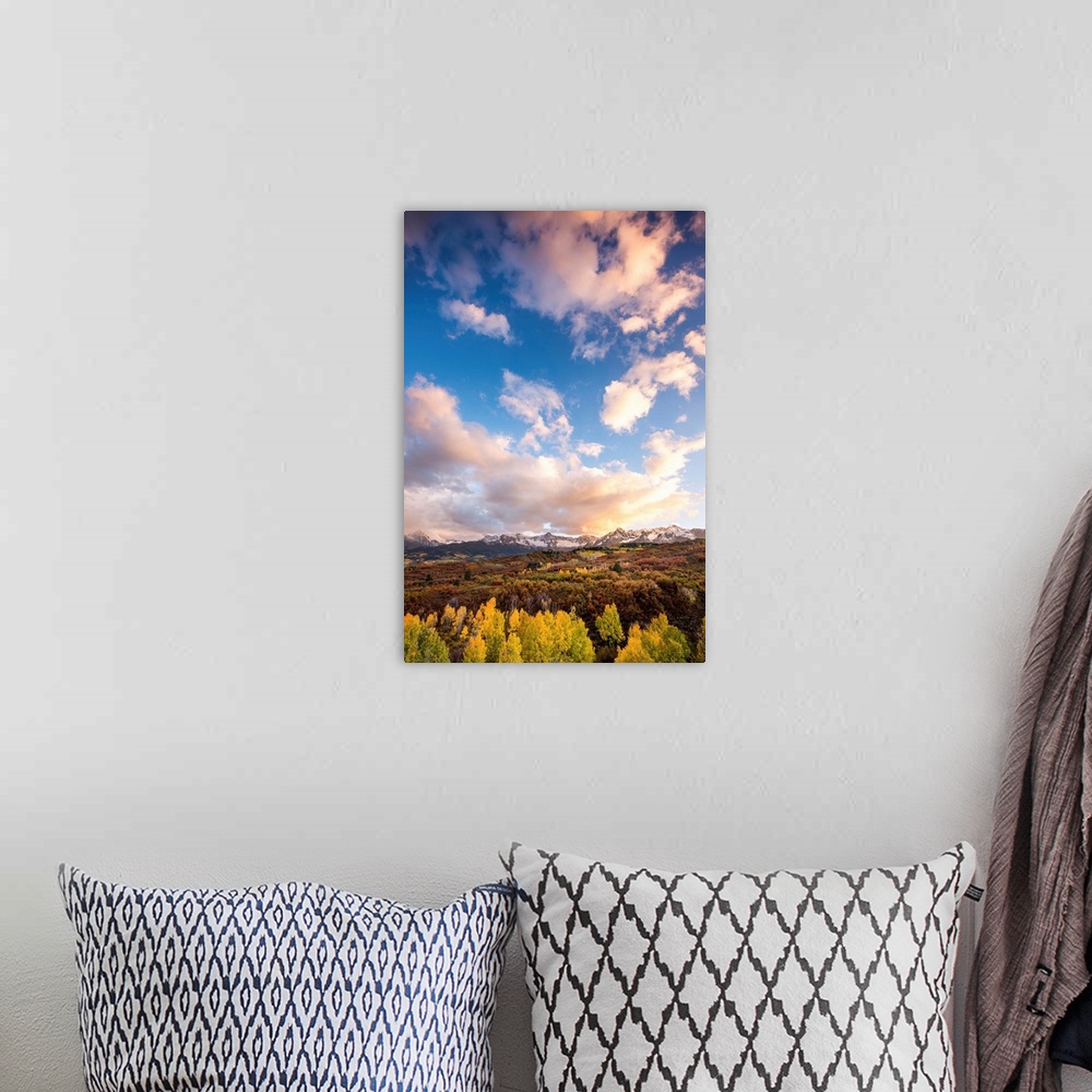 A bohemian room featuring Landscape photograph of Autumn trees leading back to snow covered mountain tops in the distance w...