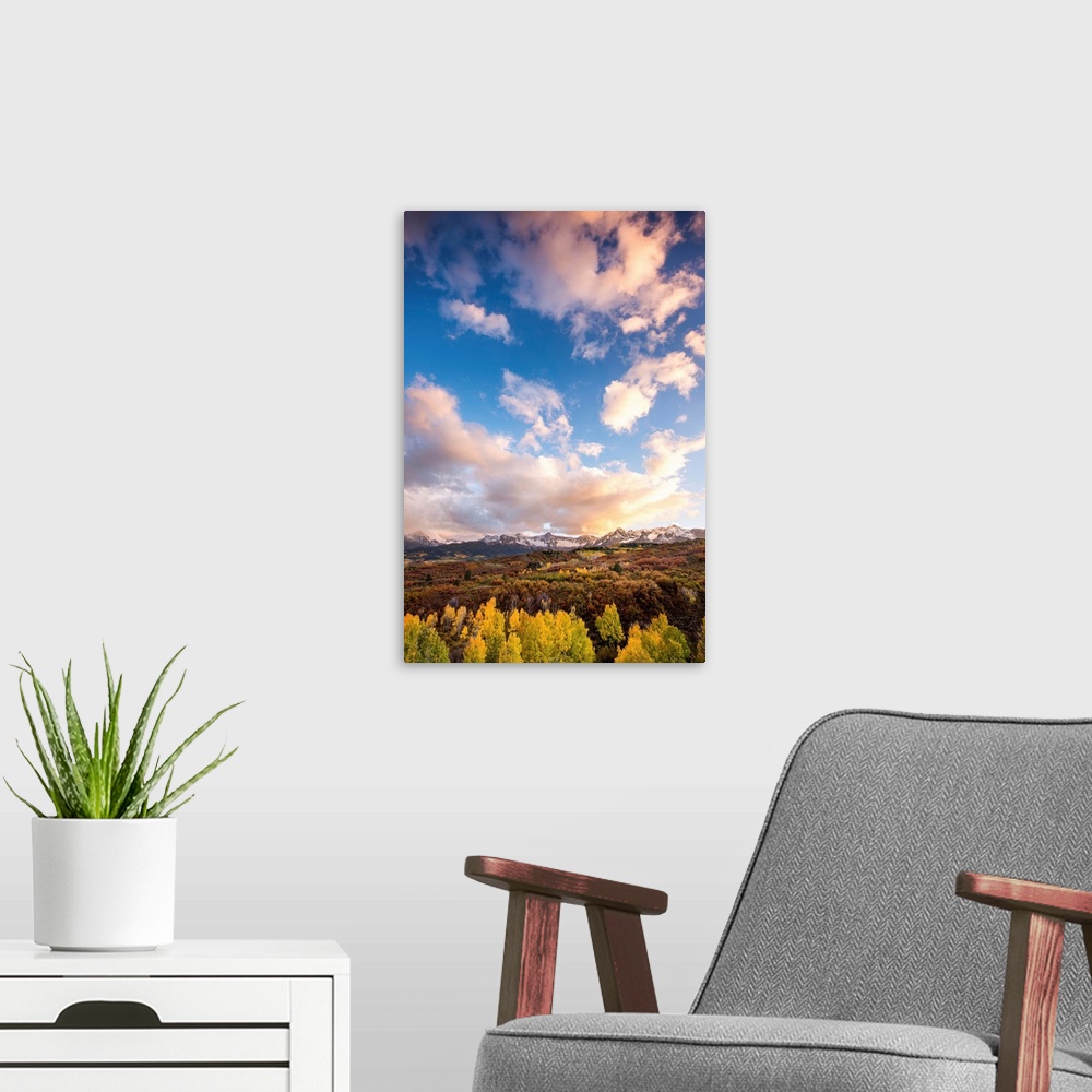 A modern room featuring Landscape photograph of Autumn trees leading back to snow covered mountain tops in the distance w...