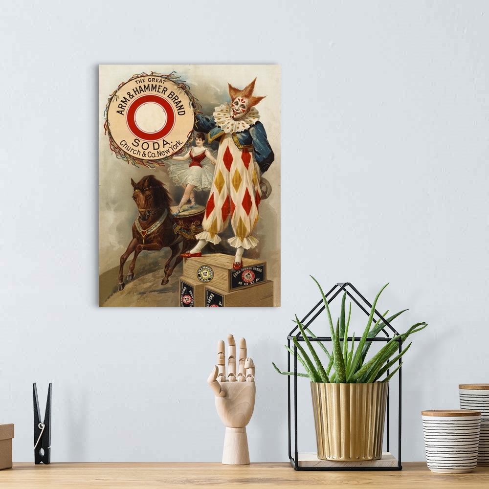A bohemian room featuring Clown, Horse, Acrobat and Arm and Hammer Brand Soda