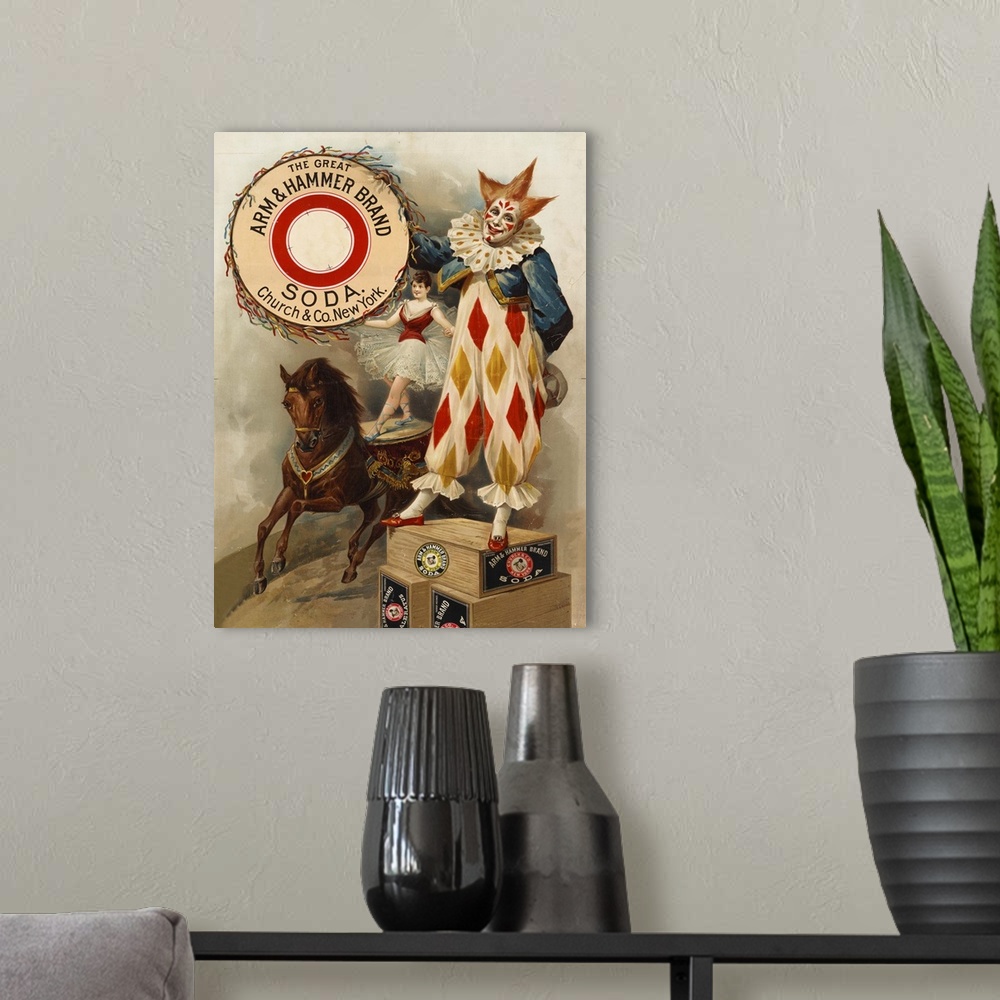 A modern room featuring Clown, Horse, Acrobat and Arm and Hammer Brand Soda