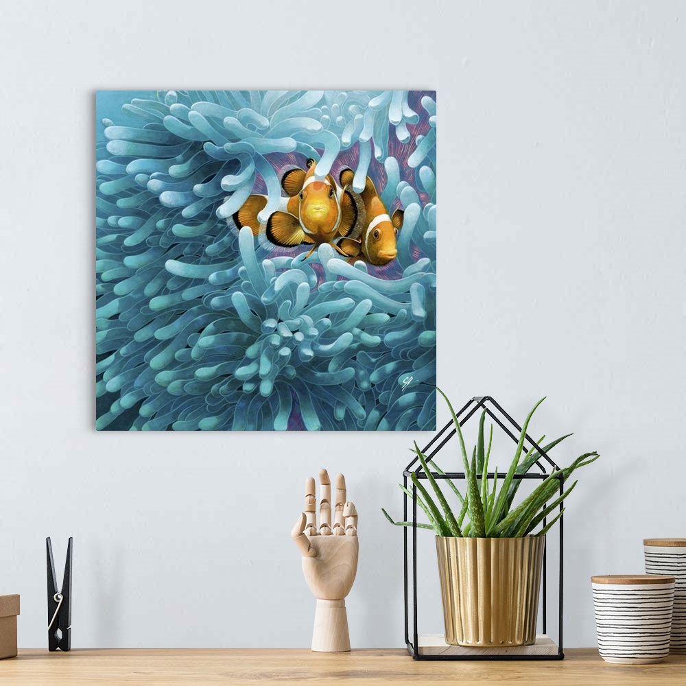 A bohemian room featuring Contemporary colorful artwork of a tropical fish swimming around a sea anemone.