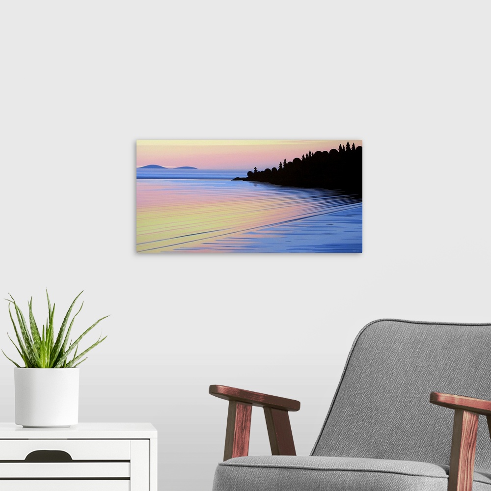 A modern room featuring Contemporary painting a sunset illuminated coast with silhouetted trees.