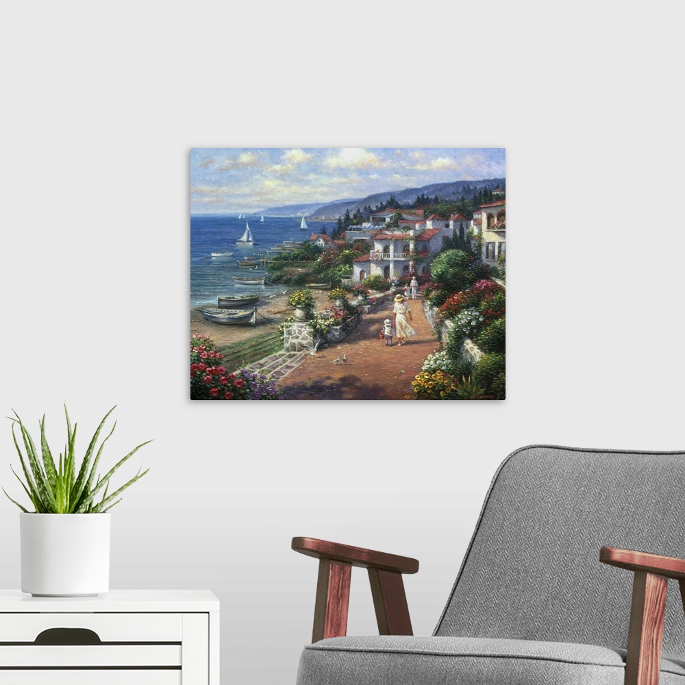 A modern room featuring Contemporary painting of an idyllic coastal European village.
