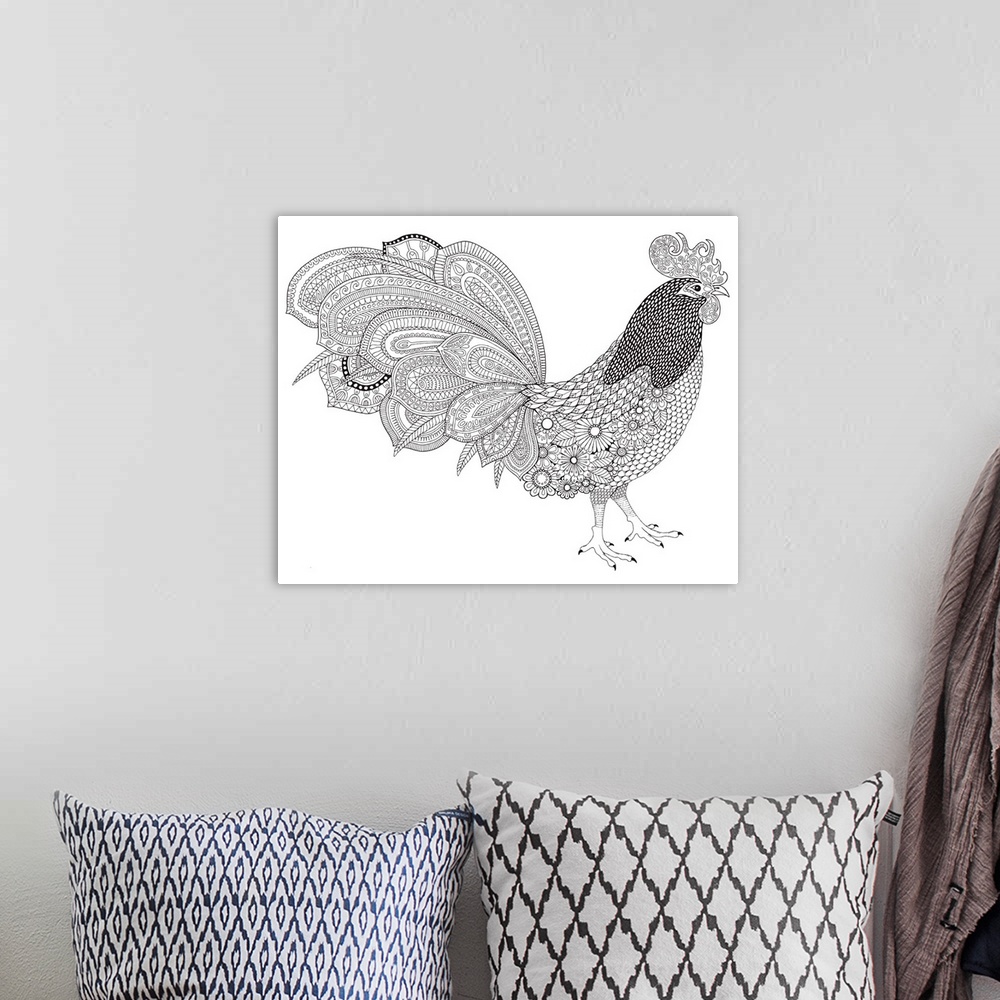 A bohemian room featuring Black and white line art of an intricately designed rooster.