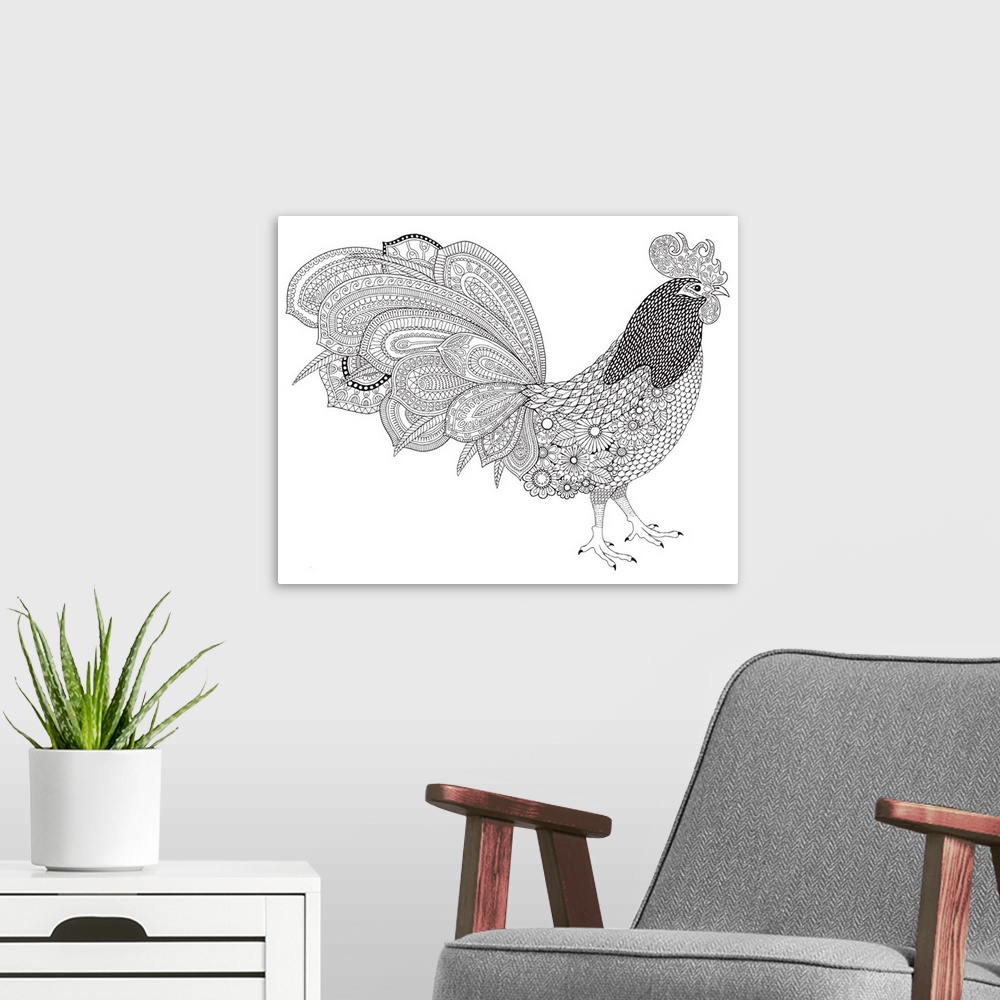 A modern room featuring Black and white line art of an intricately designed rooster.