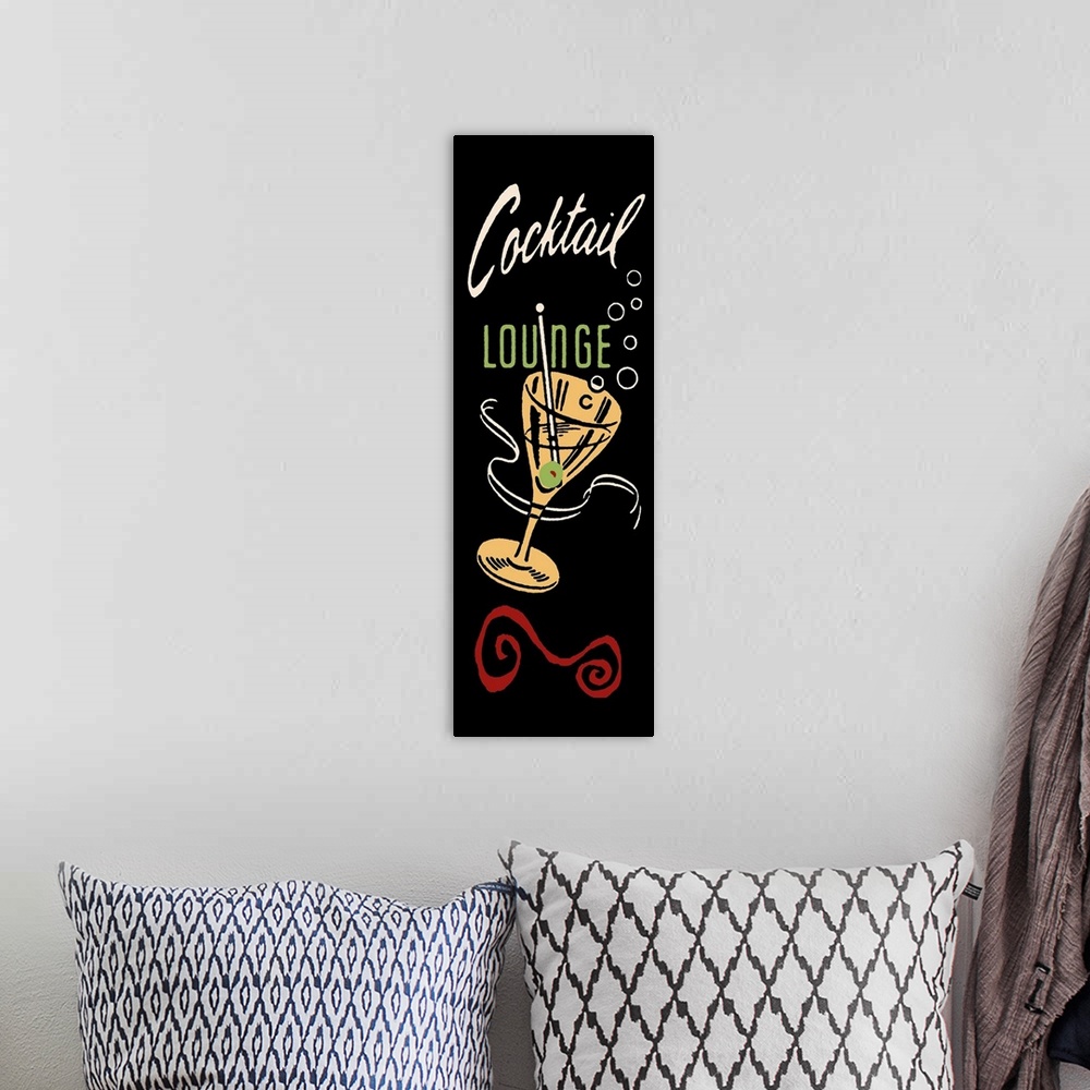 A bohemian room featuring Vintage stylized cocktail advertisement.
