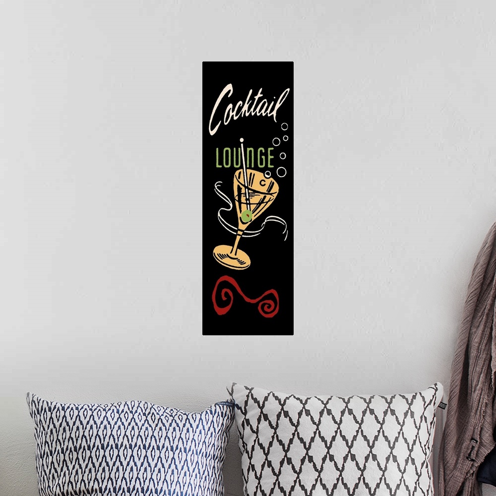 A bohemian room featuring Vintage stylized cocktail advertisement.