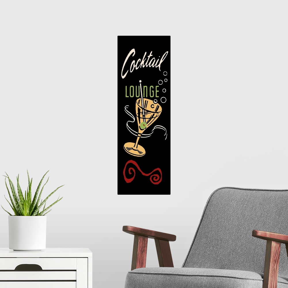 A modern room featuring Vintage stylized cocktail advertisement.