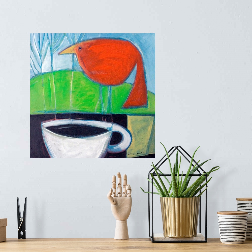 A bohemian room featuring Square artwork on large canvas of a big red bird perching on a ledge in front of a hillside.  A l...