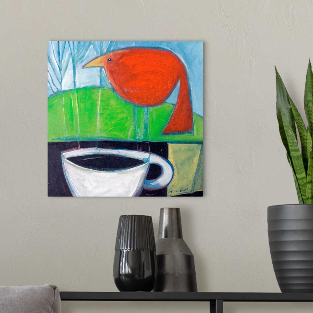 A modern room featuring Square artwork on large canvas of a big red bird perching on a ledge in front of a hillside.  A l...