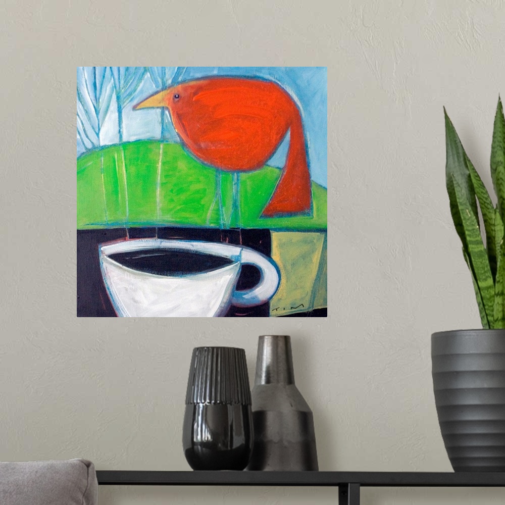 A modern room featuring Square artwork on large canvas of a big red bird perching on a ledge in front of a hillside.  A l...