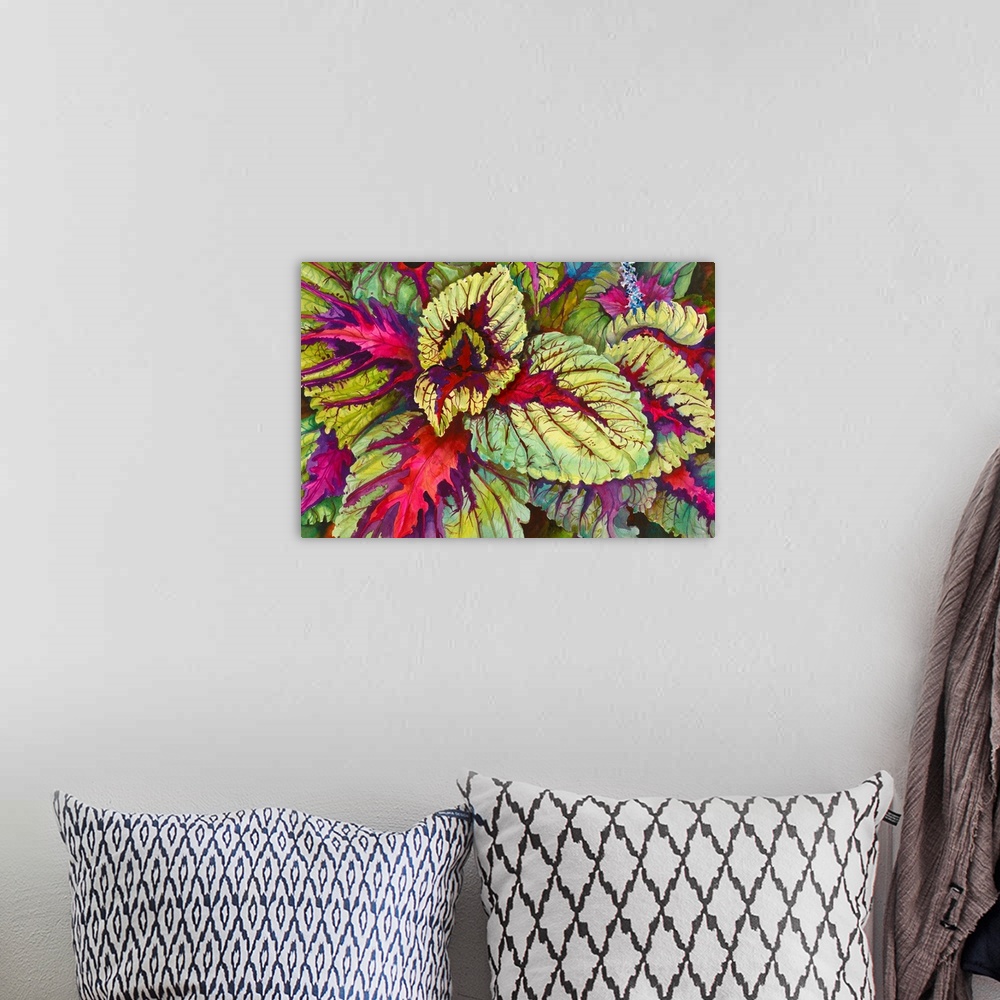 A bohemian room featuring Colorful contemporary painting of bright green and purple leaves.