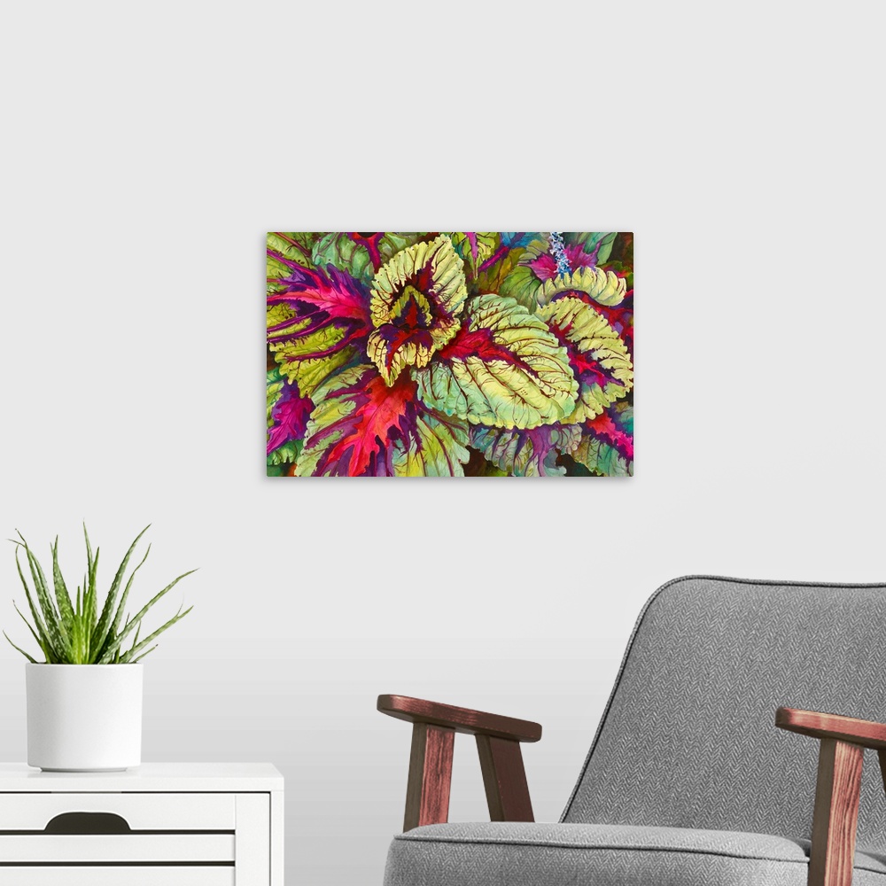 A modern room featuring Colorful contemporary painting of bright green and purple leaves.