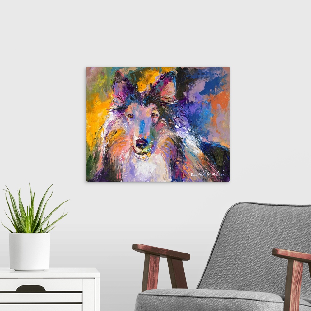 A modern room featuring Colorful abstract portrait of a Collie.