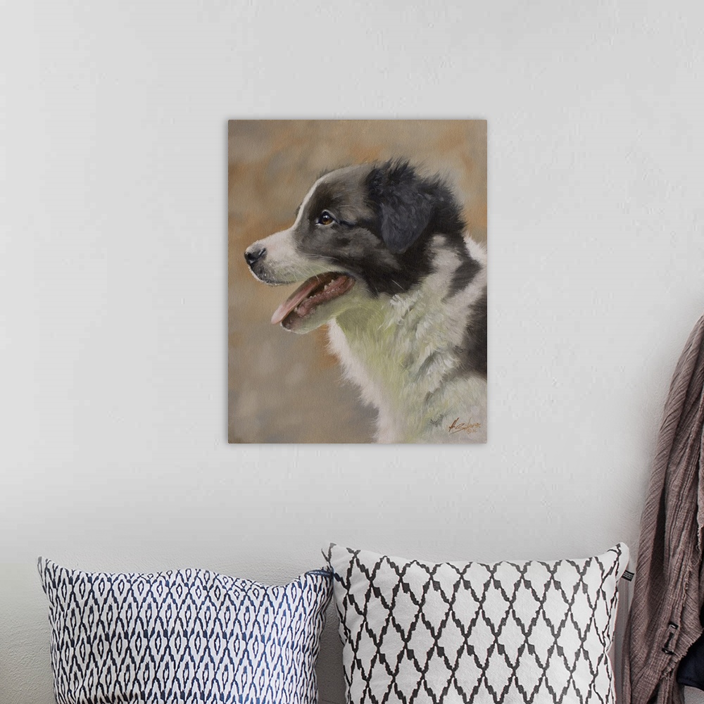 A bohemian room featuring Contemporary painting of a black and white shepherd puppy.