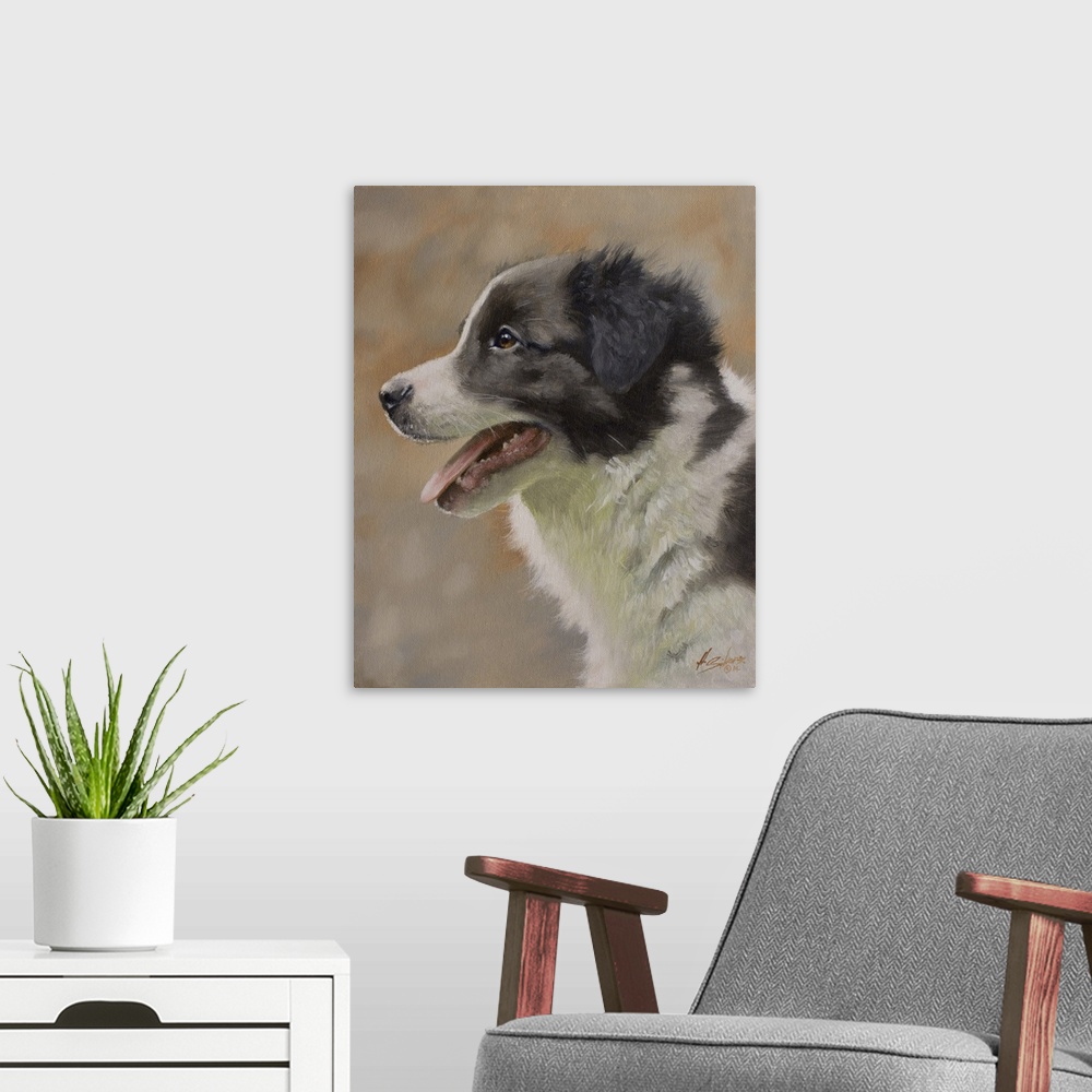 A modern room featuring Contemporary painting of a black and white shepherd puppy.