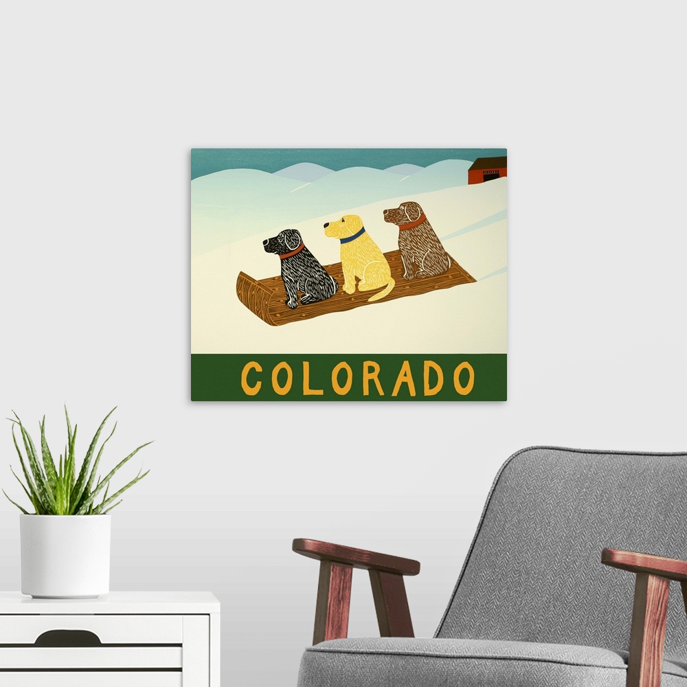 A modern room featuring Illustration of three Labradors sledding down the slopes in Colorado.