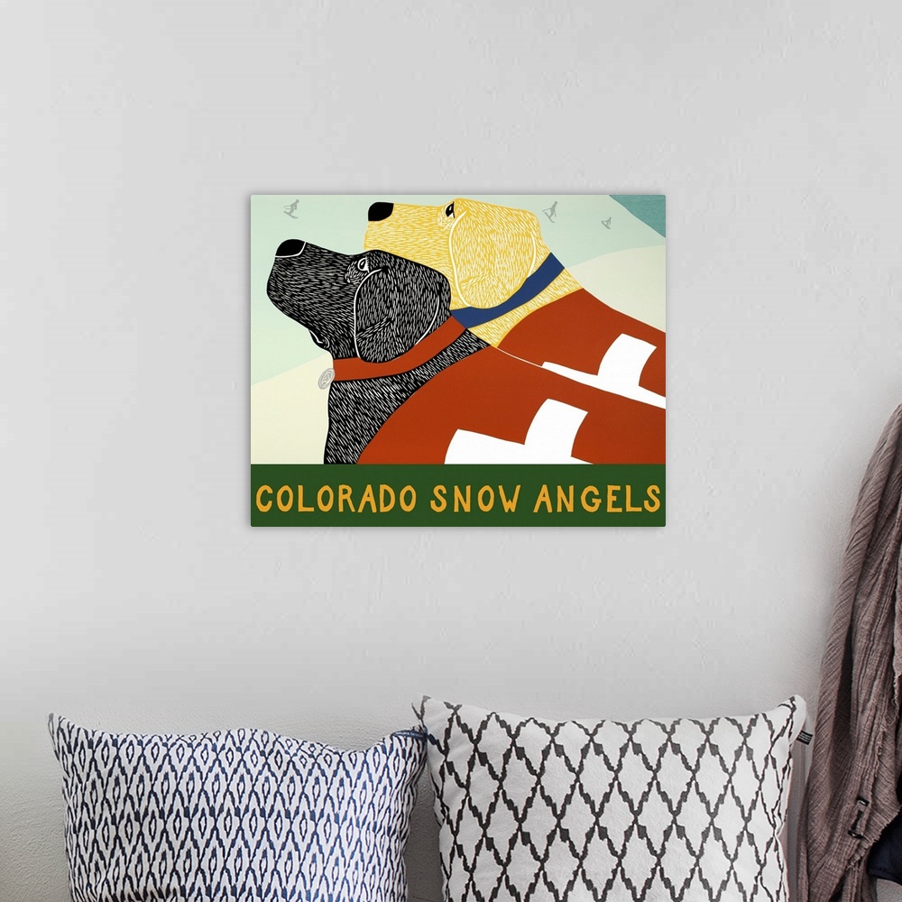 A bohemian room featuring Illustration of a black and yellow lab wearing ski patrol uniforms looking up the snowy slopes wi...