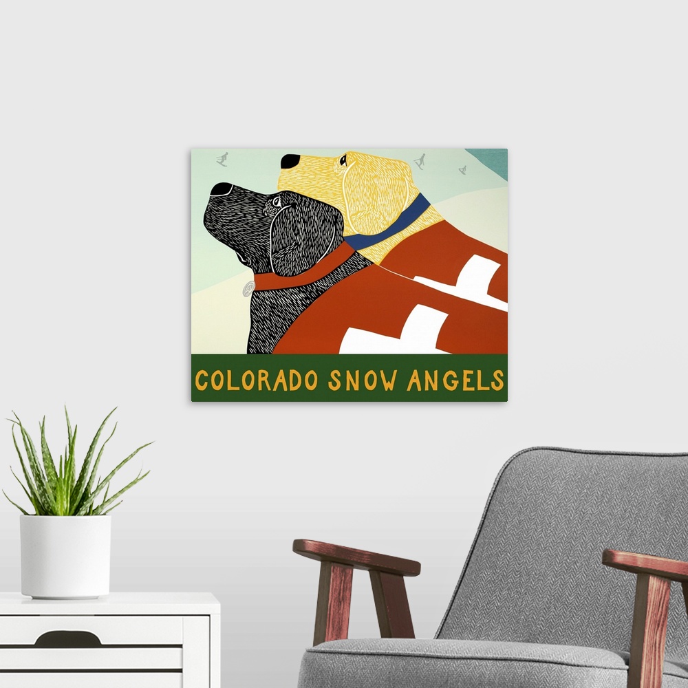 A modern room featuring Illustration of a black and yellow lab wearing ski patrol uniforms looking up the snowy slopes wi...