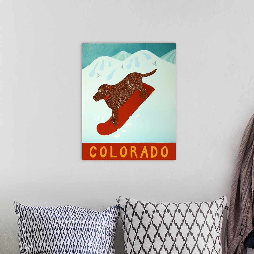 A bohemian room featuring Illustration of a chocolate lab going down the slopes in Colorado on a red snowboard.