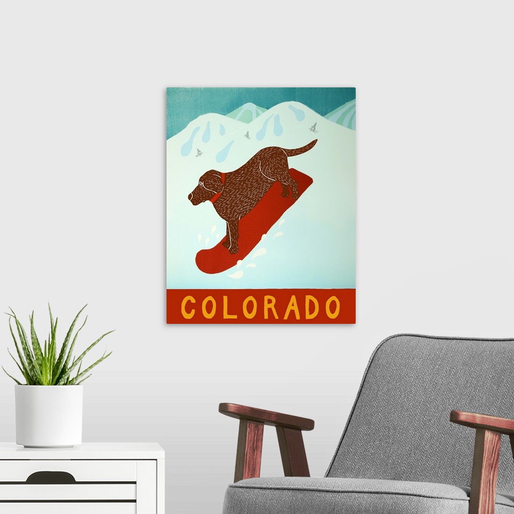 A modern room featuring Illustration of a chocolate lab going down the slopes in Colorado on a red snowboard.