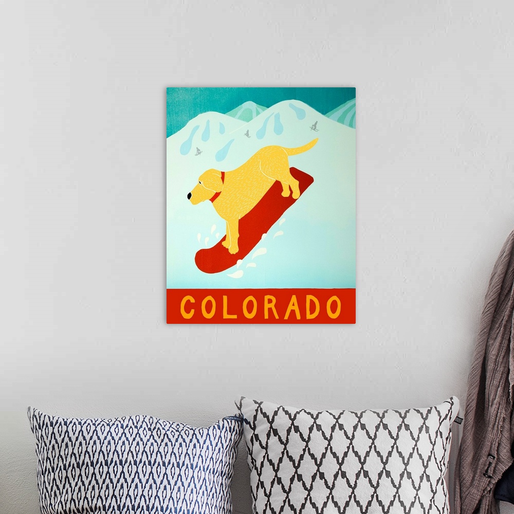 A bohemian room featuring Illustration of a yellow lab going down the slopes in Colorado on a red snowboard.