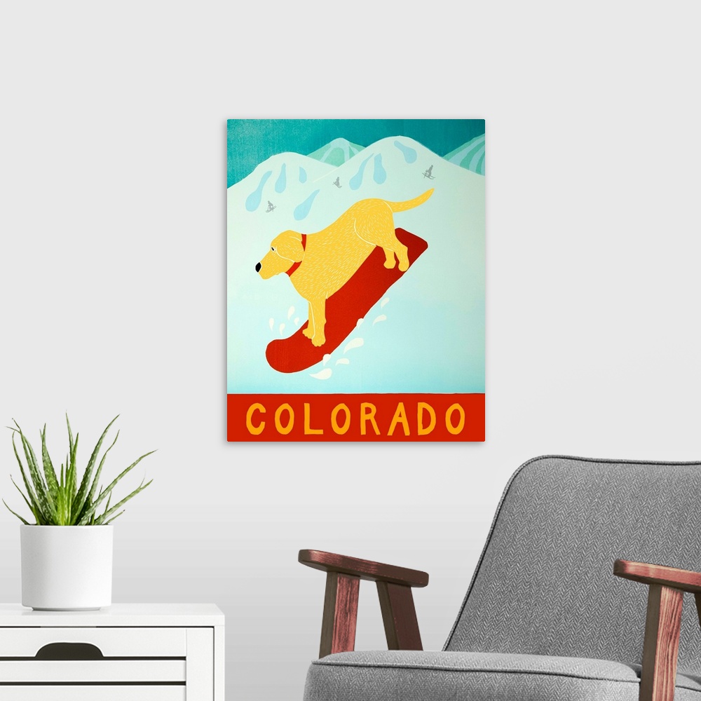 A modern room featuring Illustration of a yellow lab going down the slopes in Colorado on a red snowboard.