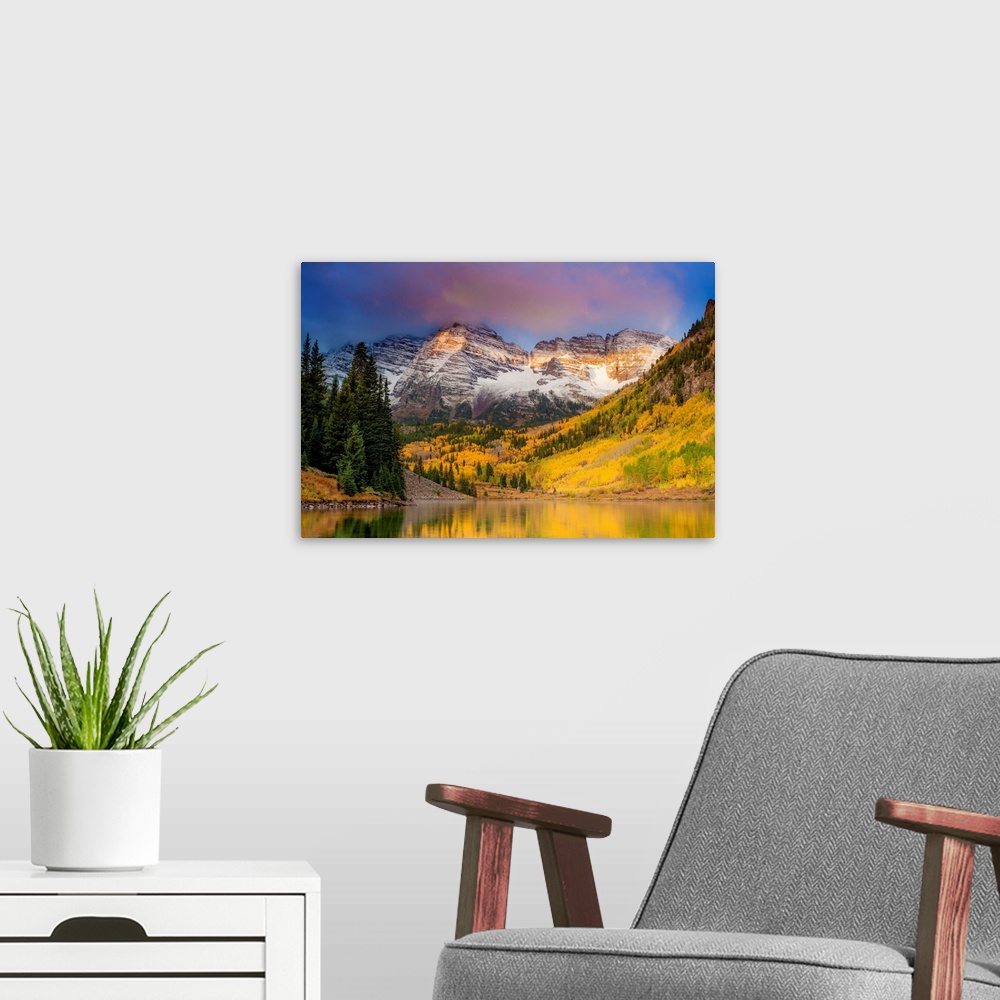 A modern room featuring mountains, forest, by the water, color photographcolorado