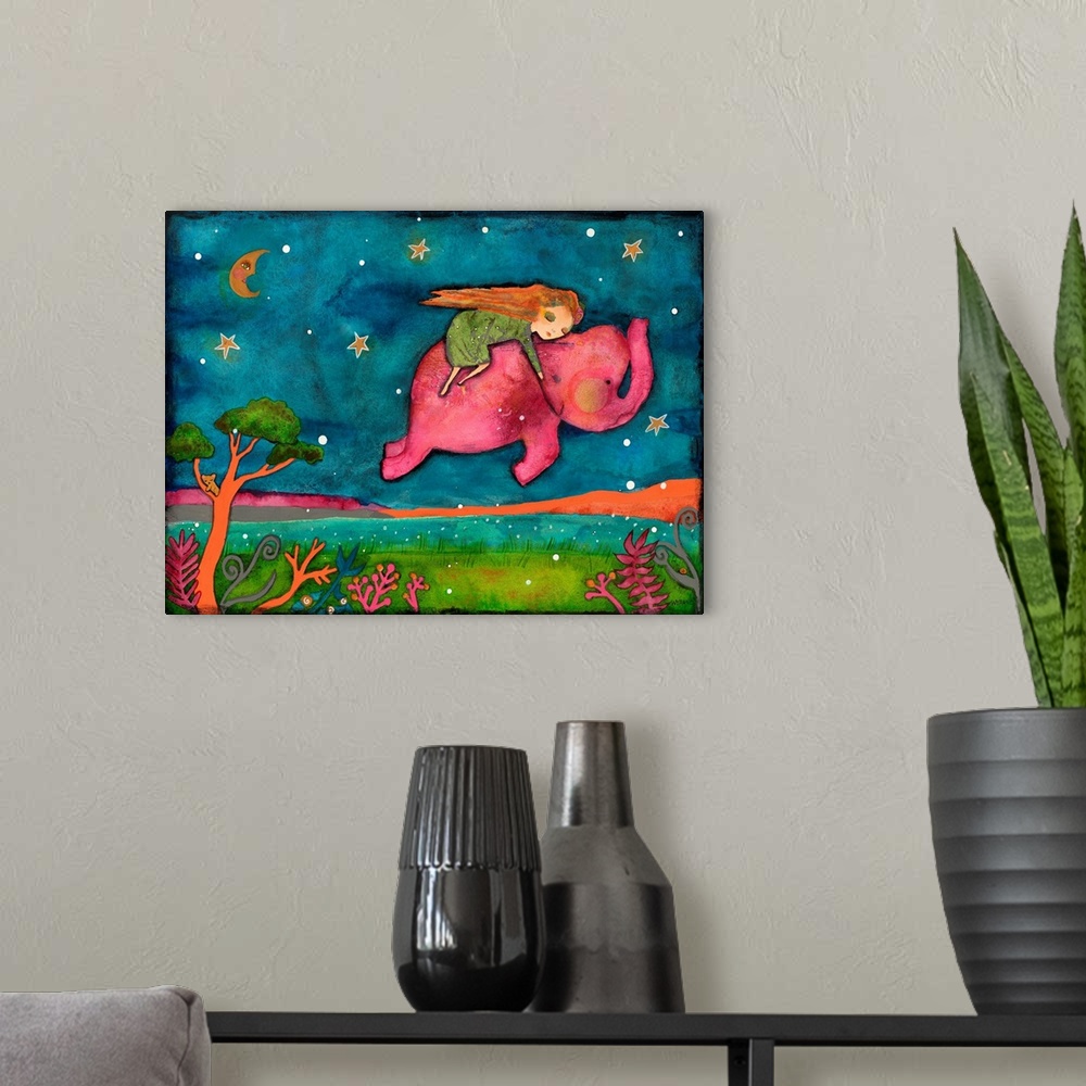 A modern room featuring A girl on a pink elephant flying through the night sky.