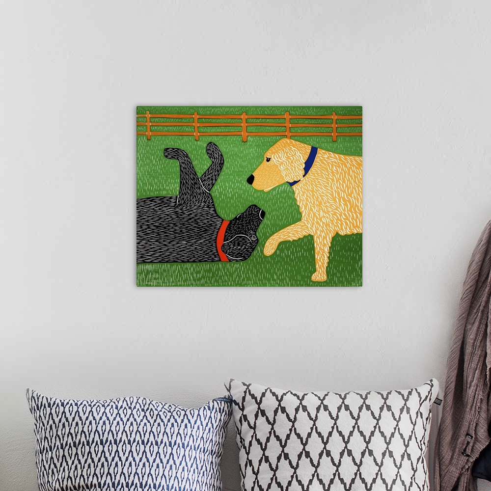 A bohemian room featuring Illustration of a golden retriever and a black lab playing outside.