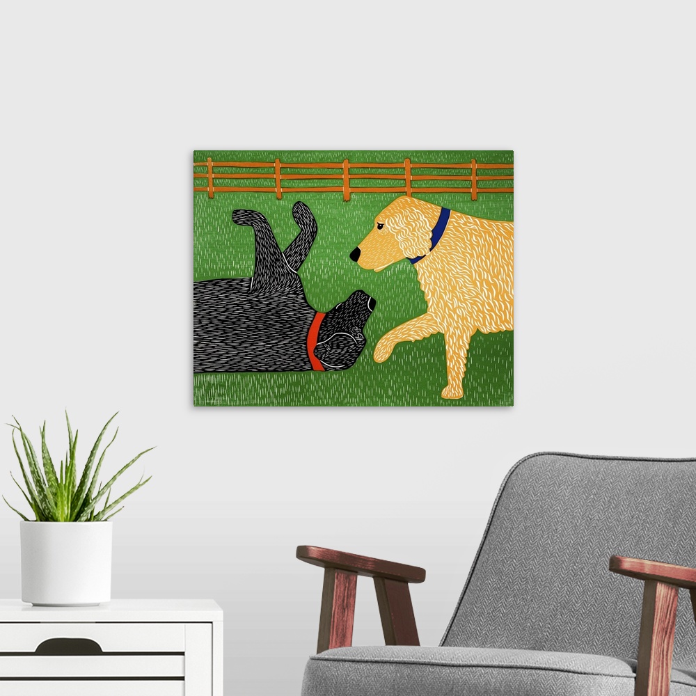 A modern room featuring Illustration of a golden retriever and a black lab playing outside.