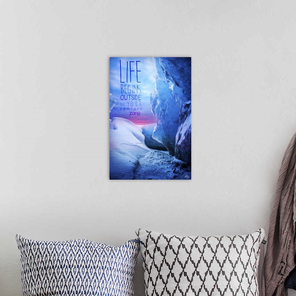 A bohemian room featuring Motivational sentiment against photograph of an icy landscape.