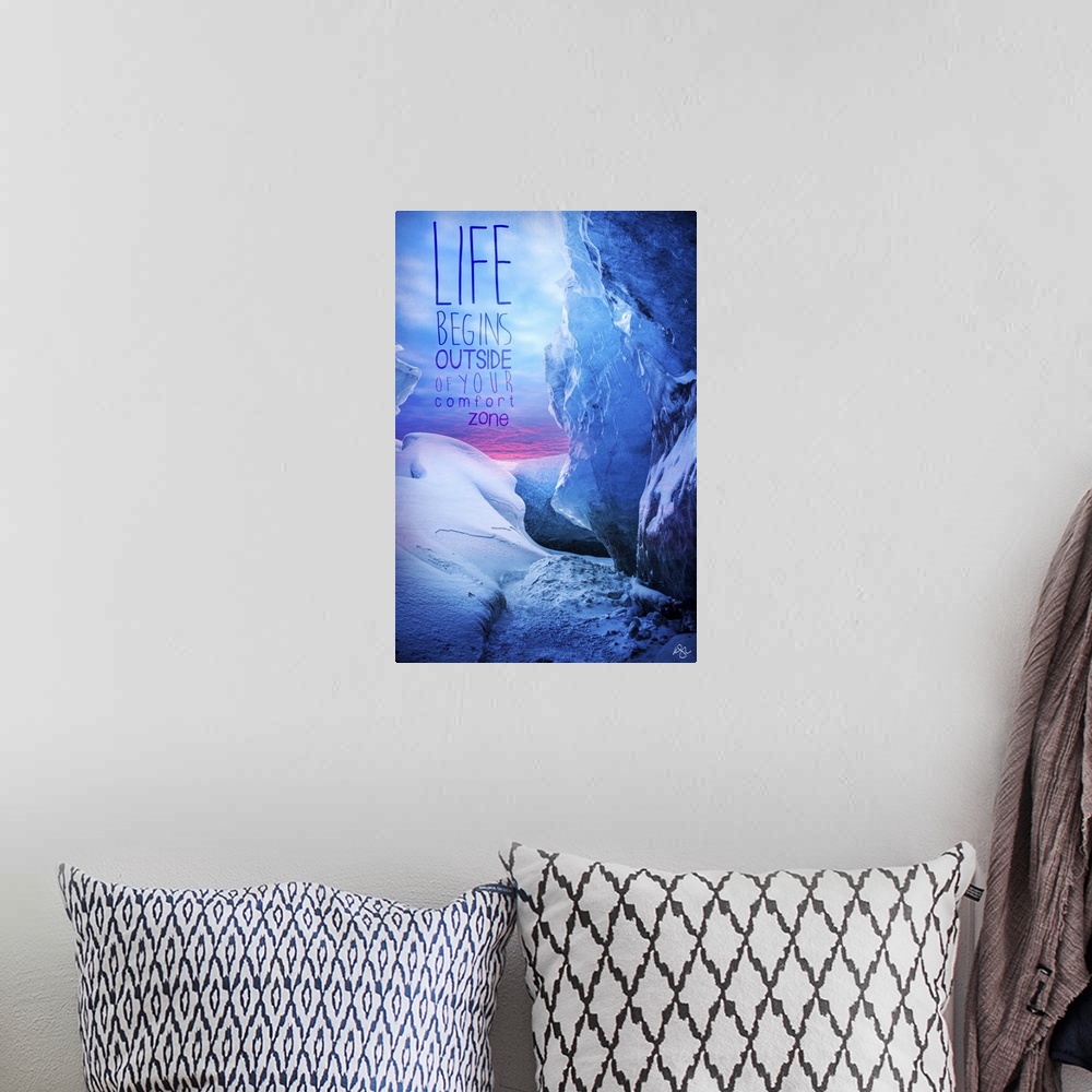 A bohemian room featuring Motivational sentiment against photograph of an icy landscape.