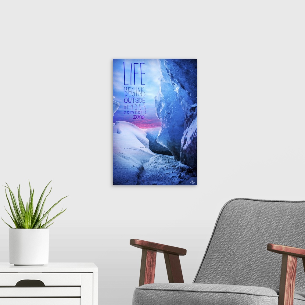 A modern room featuring Motivational sentiment against photograph of an icy landscape.