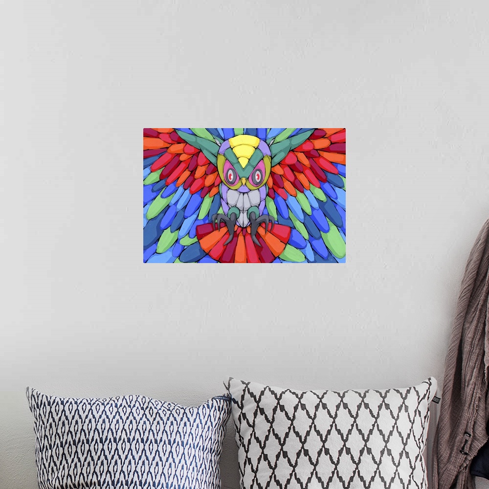 A bohemian room featuring Pop art painting of an owl with talons and wings outstretched.