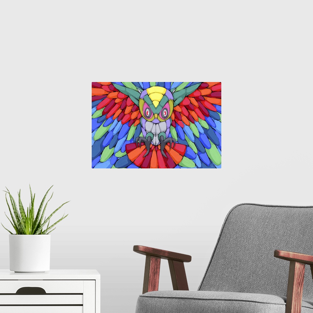 A modern room featuring Pop art painting of an owl with talons and wings outstretched.