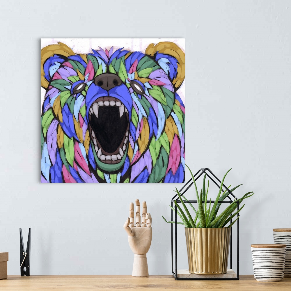 A bohemian room featuring Pop art painting of a growling bear, appearing to be made of leaves.