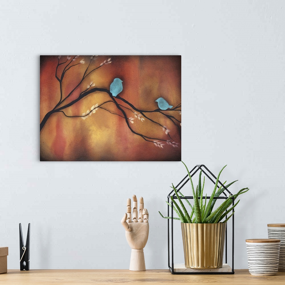 A bohemian room featuring Contemporary painting of a dark bare tree with two teal birds on the branches.
