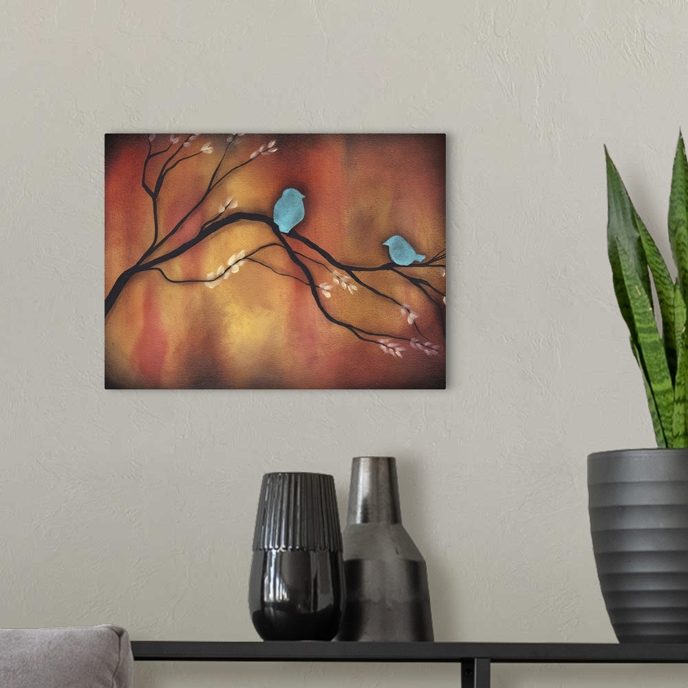 A modern room featuring Contemporary painting of a dark bare tree with two teal birds on the branches.