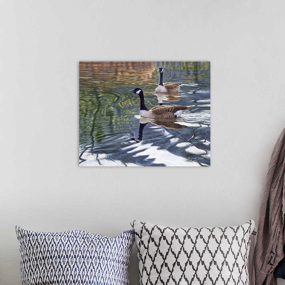 A bohemian room featuring Contemporary artwork of two geese swimming in a pond.
