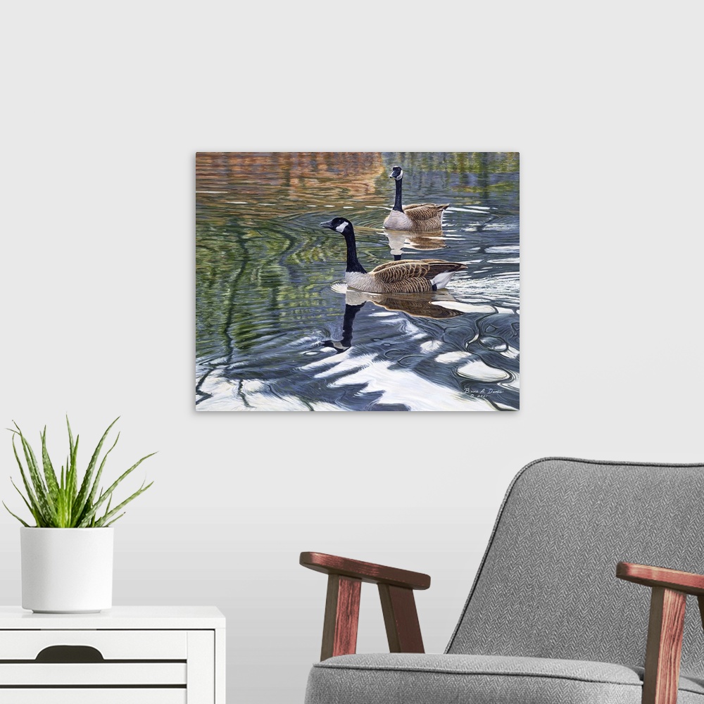 A modern room featuring Contemporary artwork of two geese swimming in a pond.