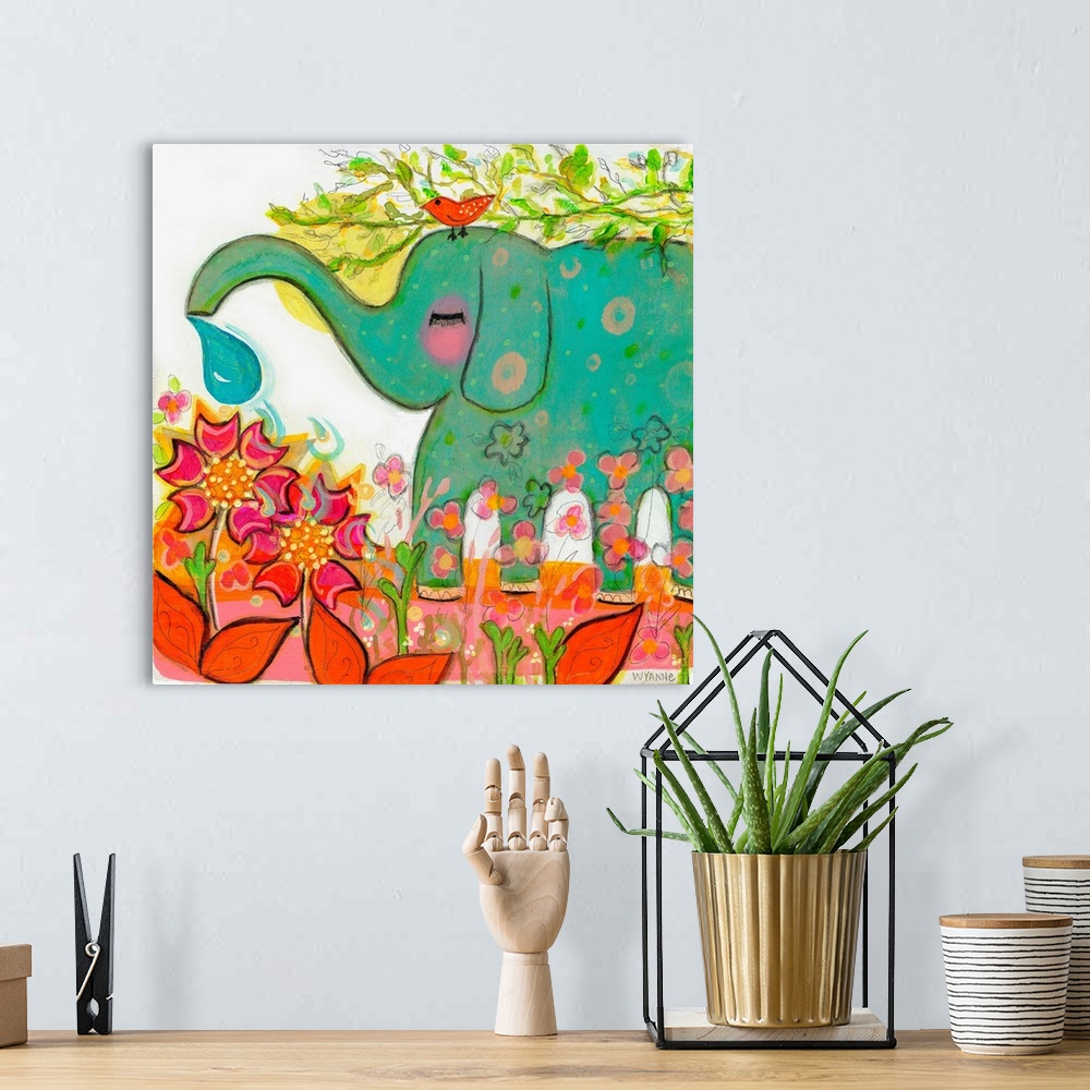 A bohemian room featuring A green elephant watering a garden, with a small bird on its head.