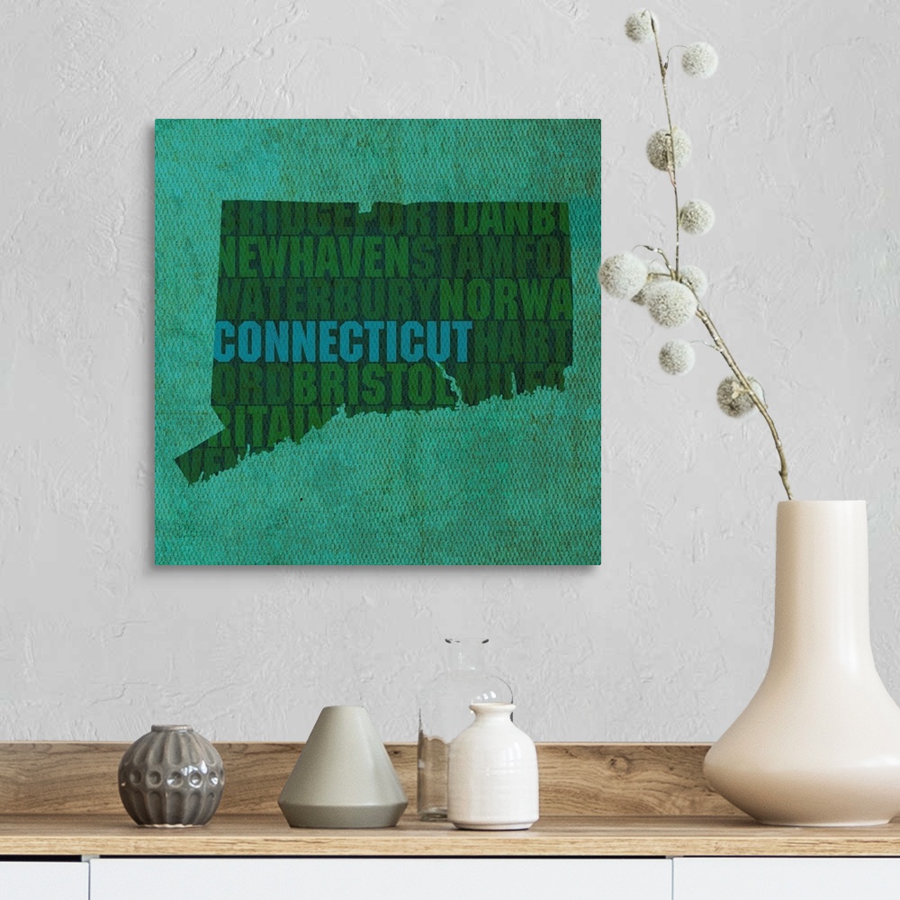 A farmhouse room featuring Contemporary typography art map of the state outline of Connecticut.