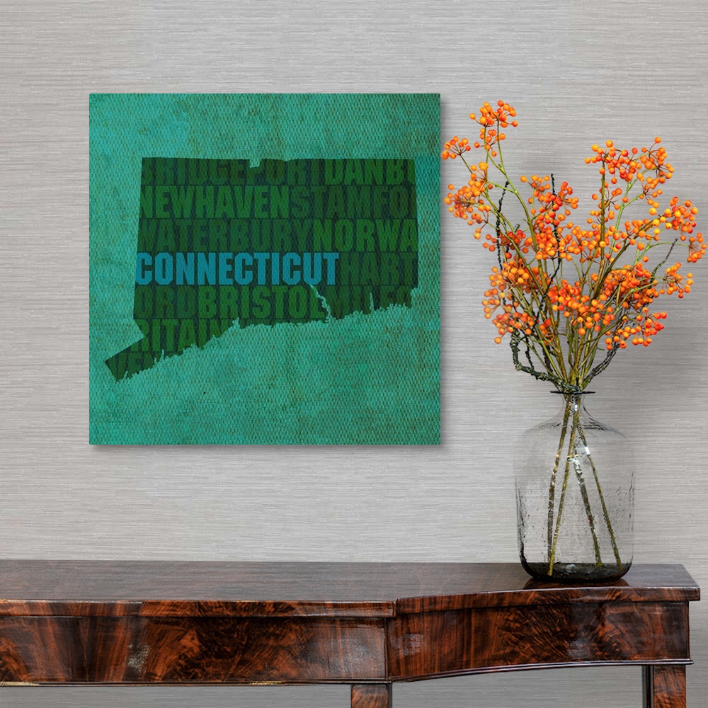 A traditional room featuring Contemporary typography art map of the state outline of Connecticut.