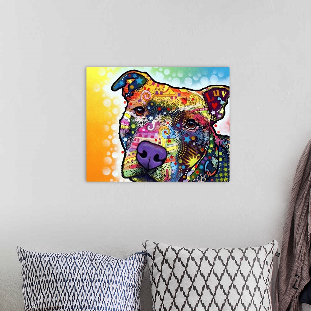 A bohemian room featuring Pit bull, dog
