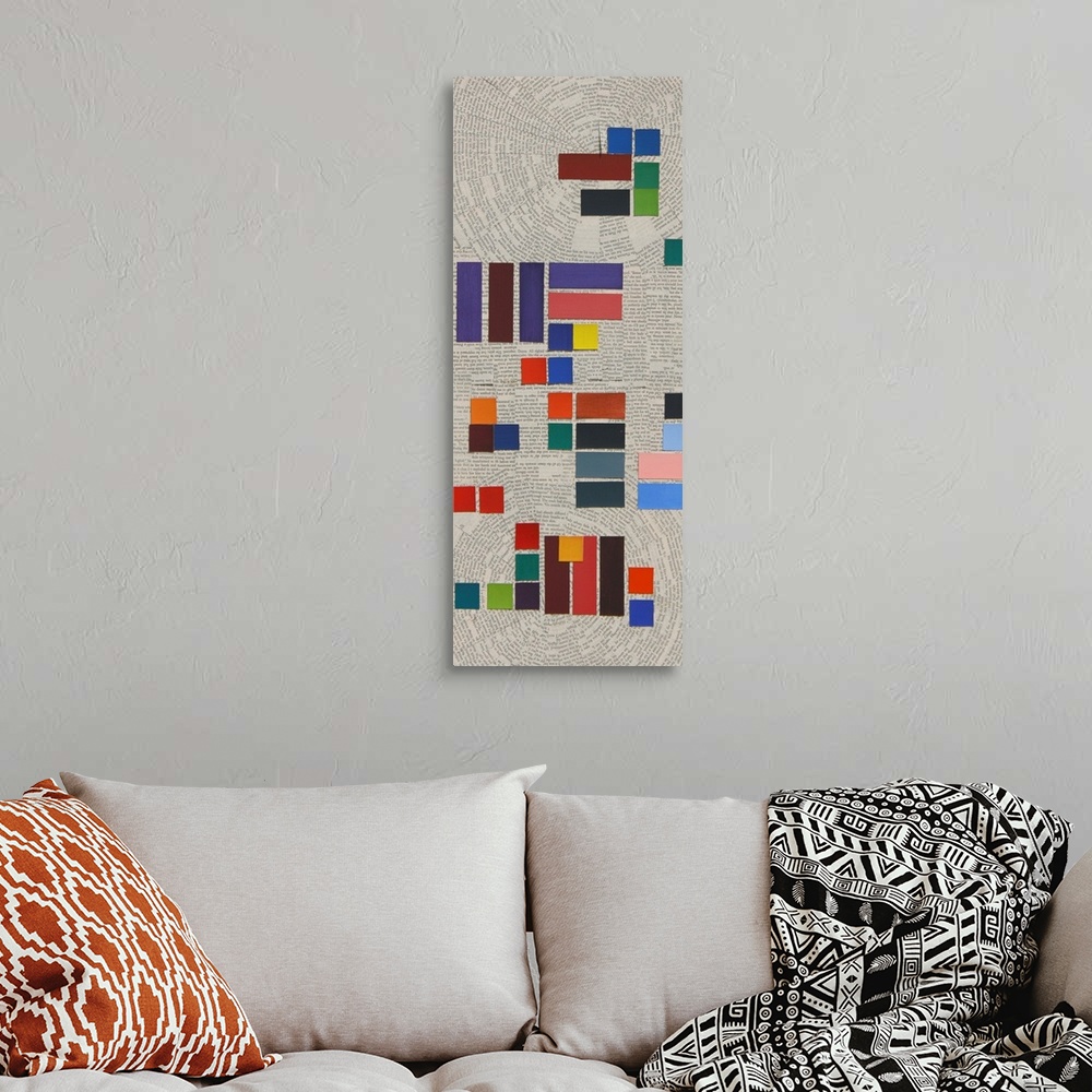A bohemian room featuring Contemporary abstract geometric painting. Using bright colored tiles against a background of cut ...