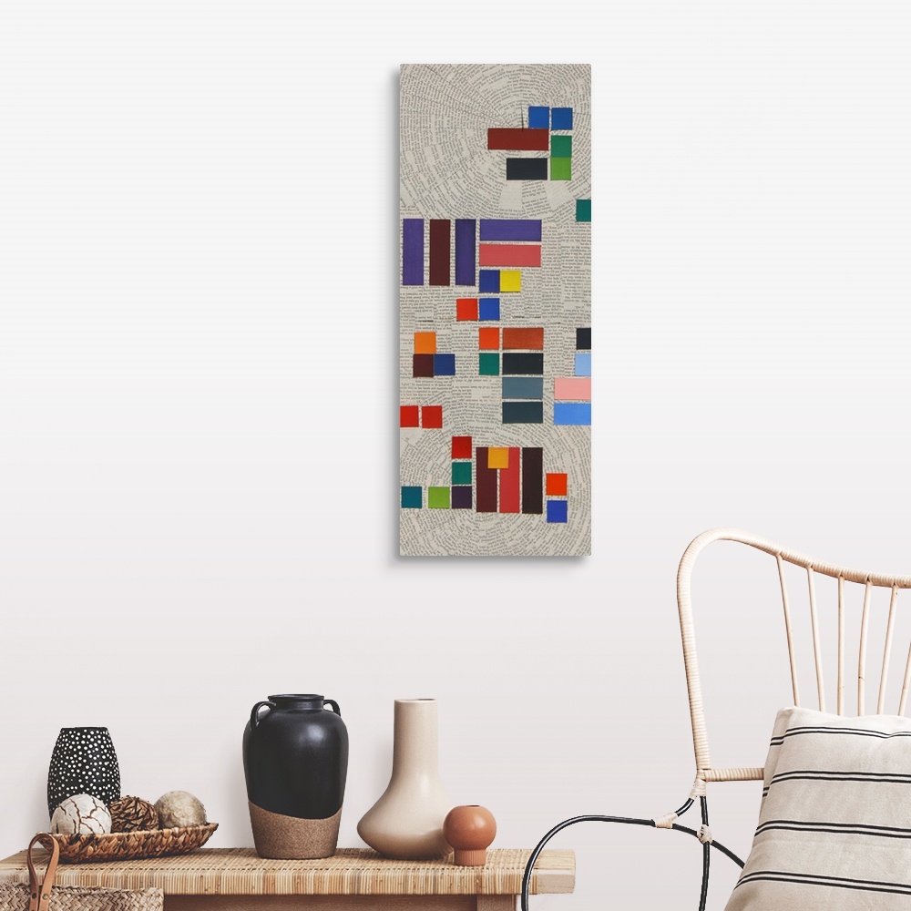 A farmhouse room featuring Contemporary abstract geometric painting. Using bright colored tiles against a background of cut ...